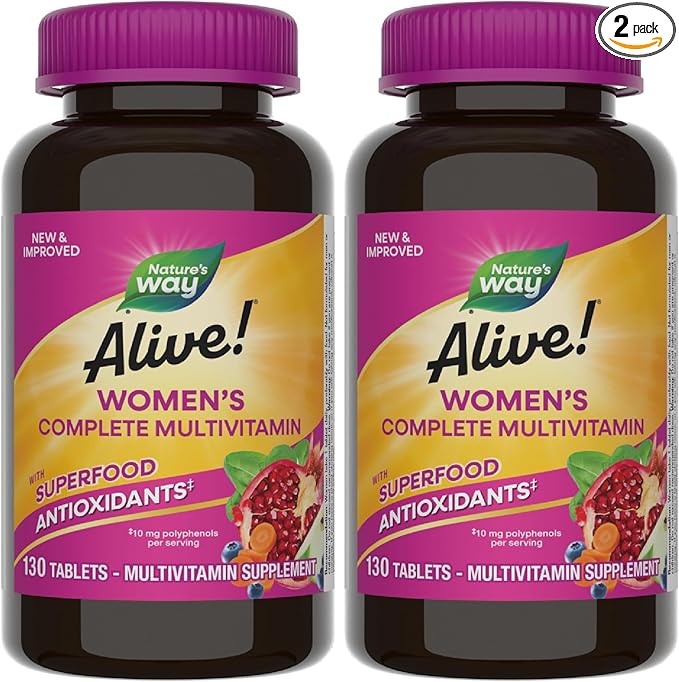 Nature's Way Alive! Daily Complete Multivitamin for Women, Supports Energy Metabolism, Hair, Skin & Nails*, B-Vitamins, Superfood Antioxidants, 130 Tablets (Packaging May Vary), (Pack of 2)