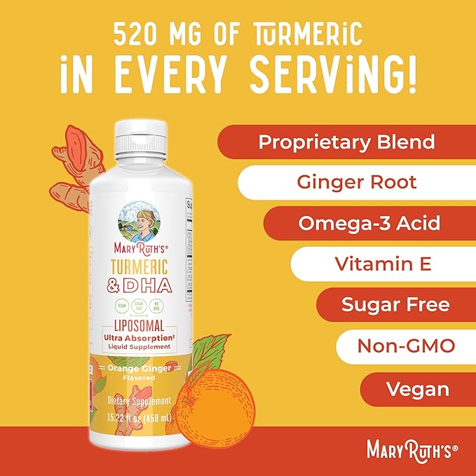 MARYRUTH'S Organics | Liposomal Turmeric & DHA | Curcumin | Ginger Root Oil | Algal DHA & Vitamin E | Cognitive Function | Mood Support | Joint Health | Liquid Supplement | 15.22 oz