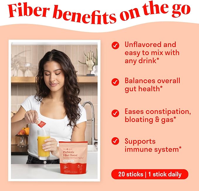 Prebiotic Fiber Powder - Unflavored & Sugar Free | 20 Sticks / Servings | Fiber Supplement to Support Digestive Regularity, Gut Health, Bloating & Immune Support - Soluble Prebiotic Powder Daily