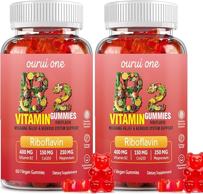 Vitamin B2 Gummies 400mg | Riboflavin 400mg with CoQ10 150mg, Magnesium 200mg | B2 Vitamin 400mg for Kids & Adults, Nervous System & Skin Health | 60 Vegan Chewables（Pack 2