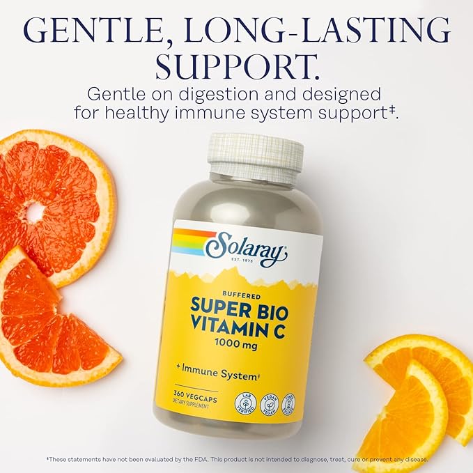 SOLARAY Super Bio Buffered Vitamin C 1000mg – Two-Stage Timed Release with Bioflavonoids – Immune Support – High Absorption, Vegan, 60 Day Guarantee, 180 Servings, 360 VegCaps