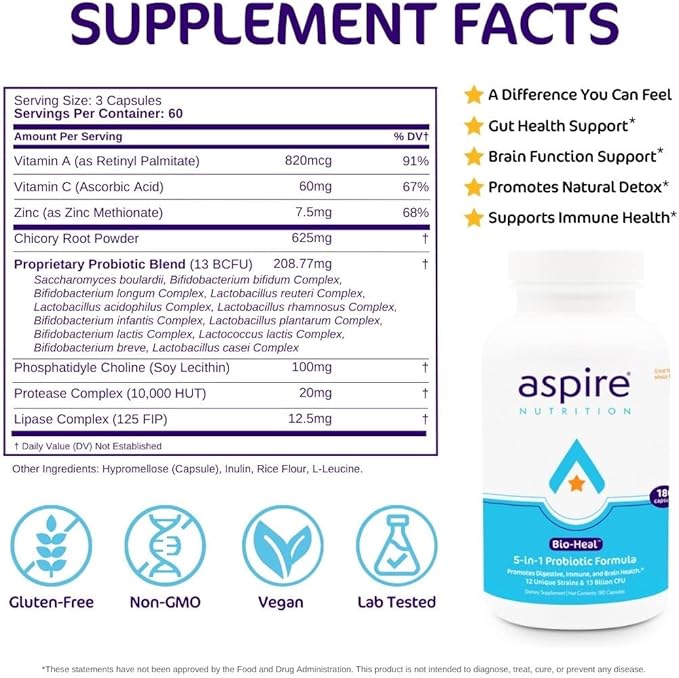 Aspire Nutrition 5-in-1 Bio-Heal® Probiotic for Kids, Men & Women - Best Supplement for Brain Function, Gut Health & Constipation - Shelf Stable & Fortified with Vitamin, Mineral & Prebiotics Capsules