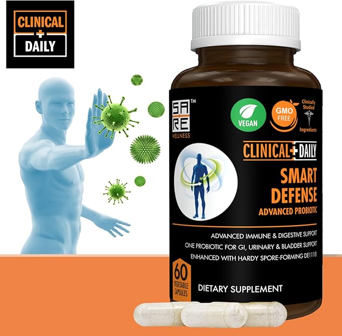 CLINICAL DAILY Smart Defense Mega Spore Probiotic. Bacillus Subtilis Spore Based Probiotics For Women and Men With Lactobacillus Plantarum Good Flora Natural Slim Microbiome Support. 60 Vegan Capsules