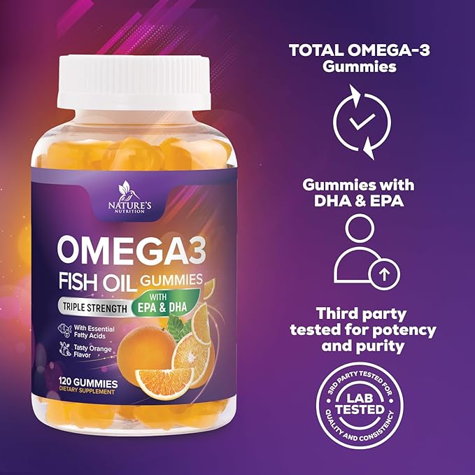 Omega 3 Fish Oil Gummies - 3X Strength Heart Health Support - High Absorption Omega 3 Fish Oil Gummy Supplement with DHA & EPA - Joint & Brain Support for Adults - Tasty Orange Flavor - 120 Gummies