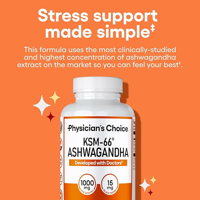 Physician's CHOICE KSM-66 Ashwagandha Root Powder Extract 1,000mg - Organic - with Black Pepper for Maximum Absorption - 5% Withanolides - Stress, Mood & Athletic Support - 60 Vegan Capsules