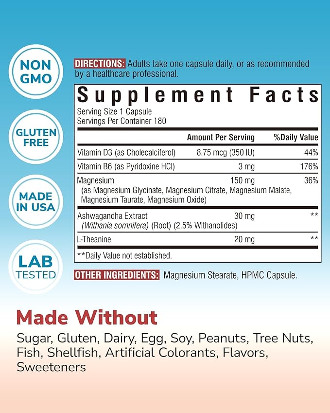 Vitalibre Magnesium Complex with Ashwagandha & L-Theanine - Stress Relief, Bone & Relaxation Support - w/Vitamin D3, B6 - Glycinate, Citrate, Malate, Taurate - 180 Vegan Capsules, Non-GMO, Gluten free