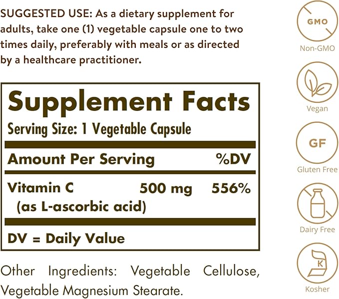 Solgar Vitamin C 500 mg, 100 Vegetable Capsules - Antioxidant & Immune Support - Overall Health - Supports Healthy Skin & Joints - Non GMO, Vegan, Gluten Free, Kosher - 100 Servings