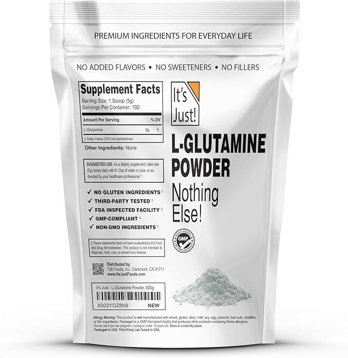 It's Just! - L-Glutamine Powder, Unflavored, Amino Acid, Faster Muscle Recovery, Leaky Gut, Digestive Support (500 Grams / 100 Servings)
