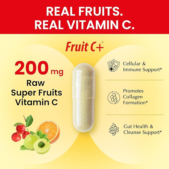 Organic Veda Fruit C+ Vitamin C Complex - 1250mg Organic Whole Food Vitamin C Supplement with Citrus Bioflavonoids, Acerola & Amla - Daily Antioxidants, Immunity, Collagen Boost - 120 Vegan Capsules