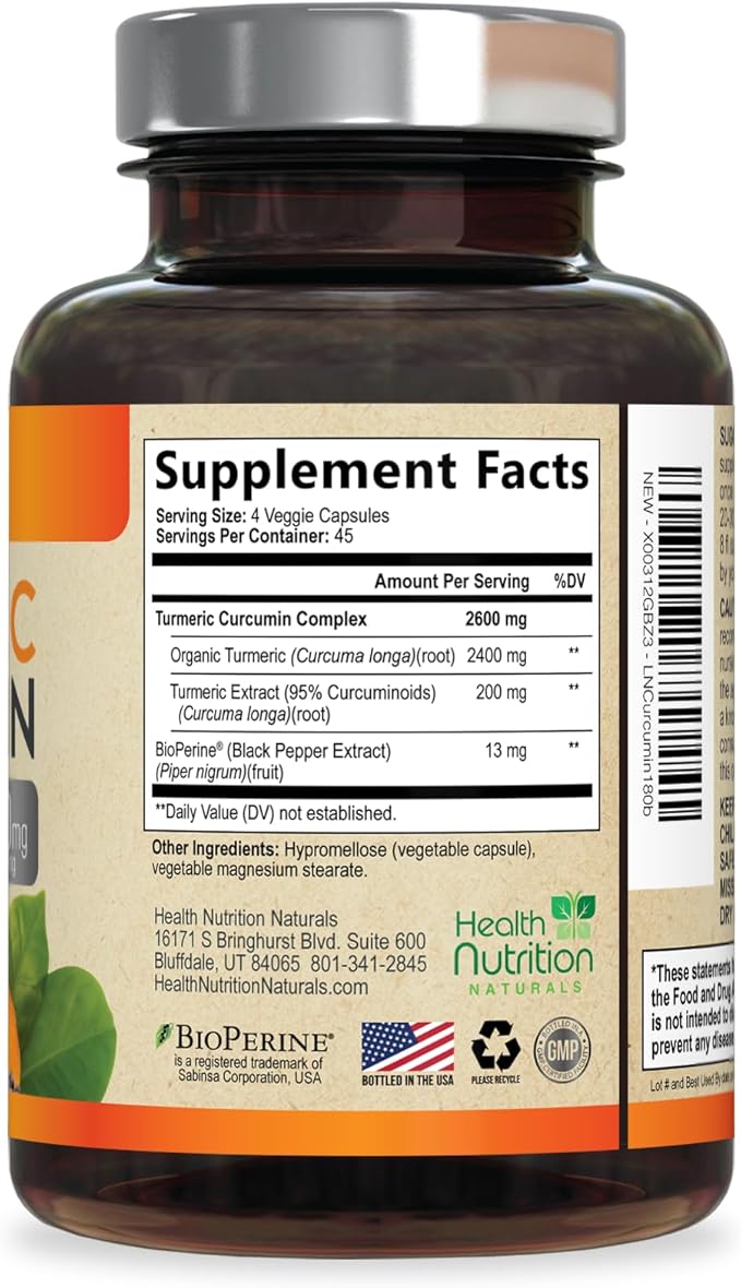 Turmeric Curcumin Supplement 2600mg - 95% Curcuminoids with Organic Turmeric & BioPerine Black Pepper for Best Absorption, Nature's Vegan Joint Support, Non-GMO Tumeric, Bottled in USA - 180 Capsules