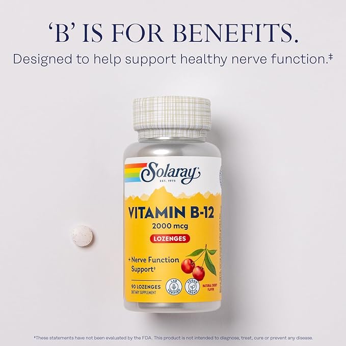 SOLARAY Vitamin B12 2000 mcg Lozenges - No Sugar, Natural Cherry Flavor Vitamin B 12 Supplement for Nerve Function, Energy and Red Blood Cell Support - Lab Verified, Vegan - 90 Servings, 90 Lozenges