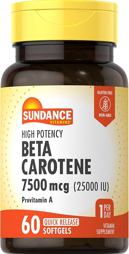 Sundance Beta Carotene 7500mcg | 60 Softgels | Provitamin A | High Potency Formula | Non-GMO and Gluten Free Supplement