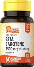 Sundance Beta Carotene 7500mcg | 60 Softgels | Provitamin A | High Potency Formula | Non-GMO and Gluten Free Supplement