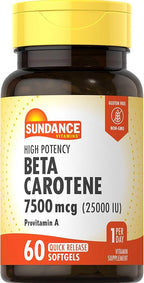 Sundance Beta Carotene 7500mcg | 60 Softgels | Provitamin A | High Potency Formula | Non-GMO and Gluten Free Supplement