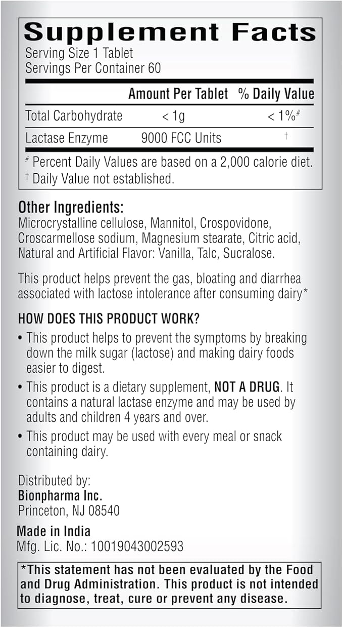 A+Health Dairy Relief Lactase Enzyme 9000 FCC Chewable Tablets, 60 Count, Fast Acting, Dye-Free, Dietary Supplement, Vanilla Flavor, Single Serve Pouches, for Adults and Children 4 Years and Up