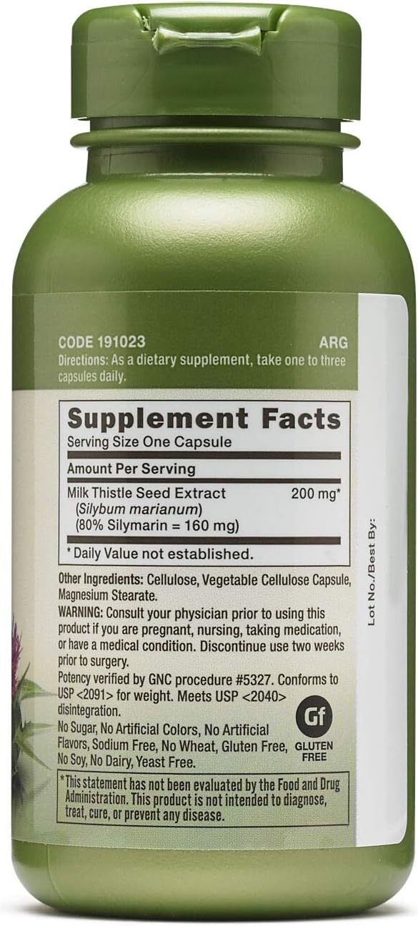GNC Herbal Plus Milk Thistle 200mg Supplement, Vegetarian, Supports Healthy Liver Function, 100 Servings