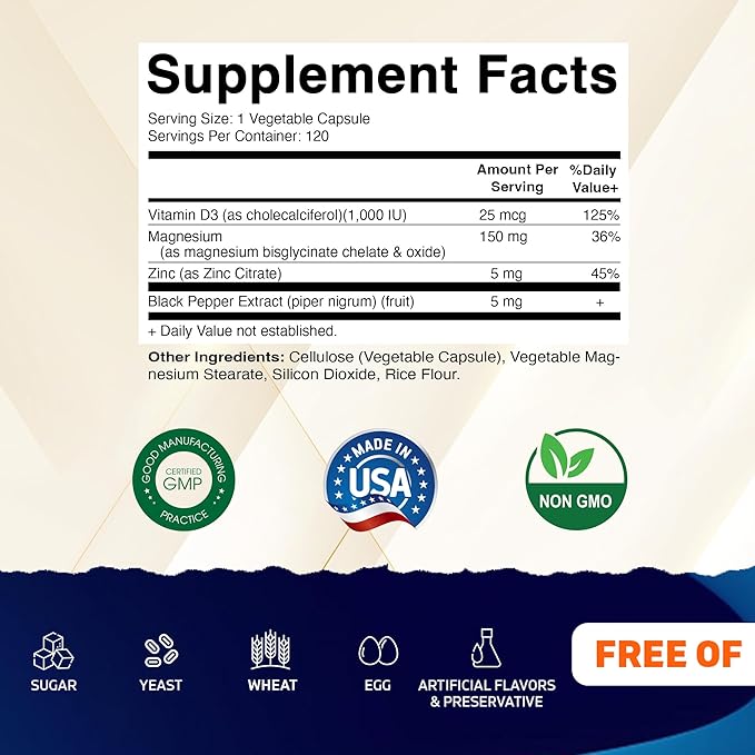 Vitamatic Magnesium (from Bisglycinate & Oxide) with Vitamin D3 & Zinc - 120 Veg Capsules - Supports Muscle, Joint, Nerve & Heart Health – Non-GMO, Gluten-Free - 2 Pack