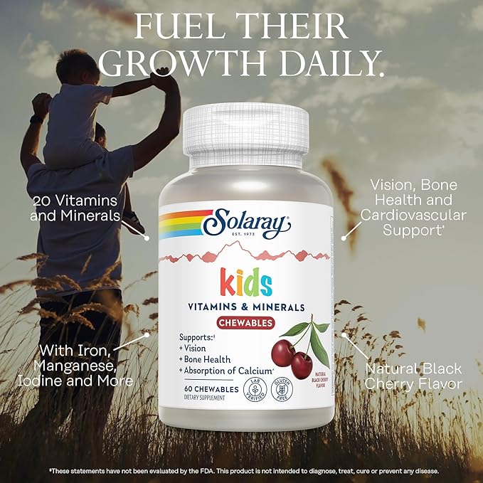 SOLARAY Childrens Vitamins & Minerals Complete Multivitamin for Kids Great Black Cherry Flavor (076280047974) (60 Chews, 30 Serv)