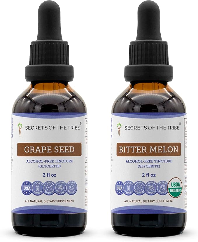 Secrets of the Tribe Grape Seed and Bitter Melon Liquid Extract (2 pcs.) | Alcohol-Free Tinctures | Grape (Vitis vinifera) Dried Seed and Bitter Melon (Momordica charantia) Dried Fruit (2x2 fl oz)