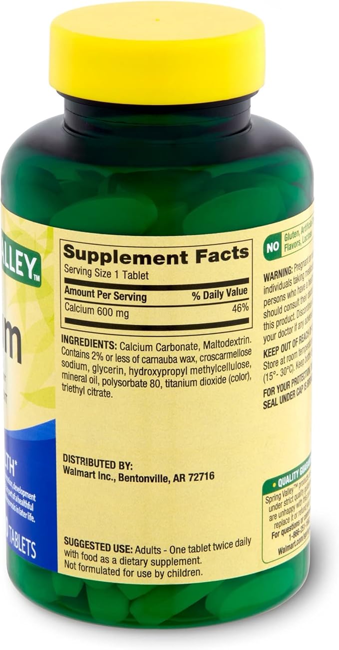 Spring - Valley Calcium 600mg Natural Bone Health Calcium - 100 Tablets Pack of 3