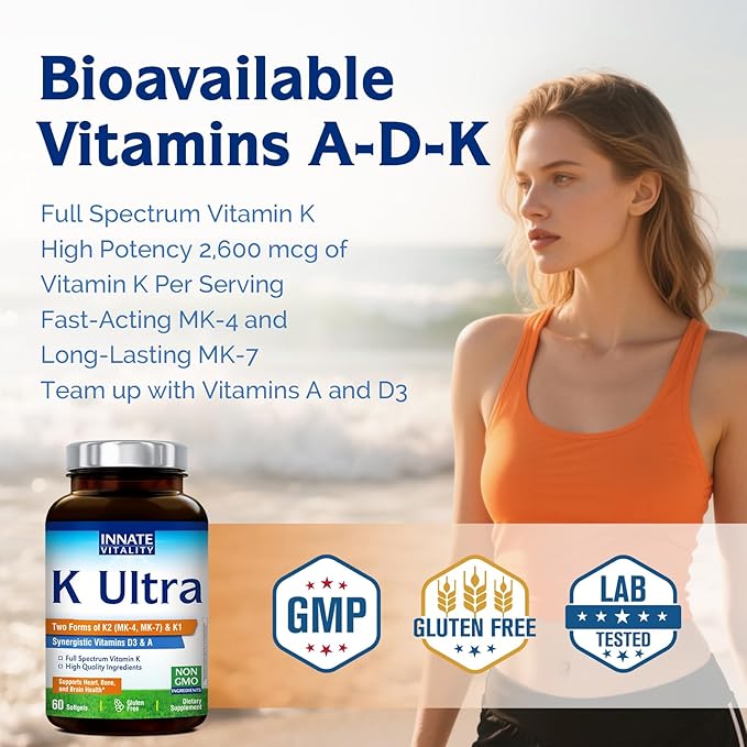 Innate Vitality K Ultra, K1 & K2 D3 Vitamin Supplement with Vitamin A, Vitamin D3 K2 5000 IU for Healthy Bones, Proper Calcium Metabolism, Full Spectrum, Non GMO, 60 Mini Softgels