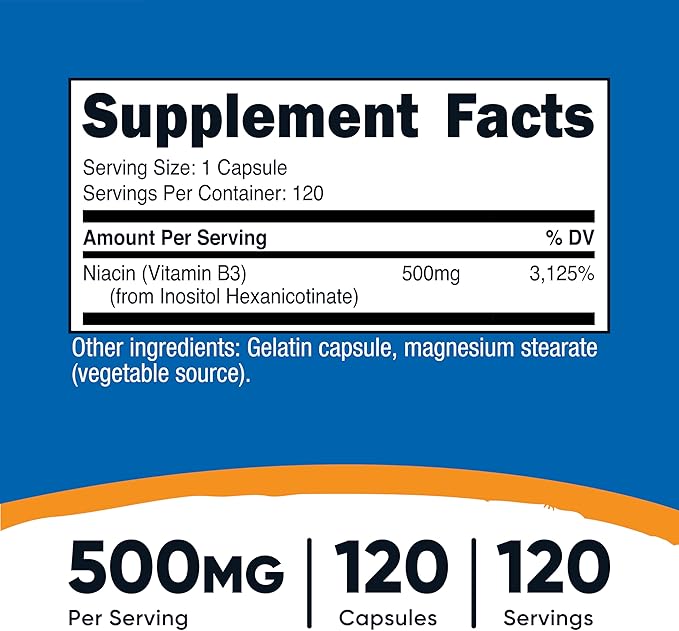 Nutricost Niacin (Flush-Free) Inositol Hexanicotinate 500mg, 120 Capsules, Vitamin B3