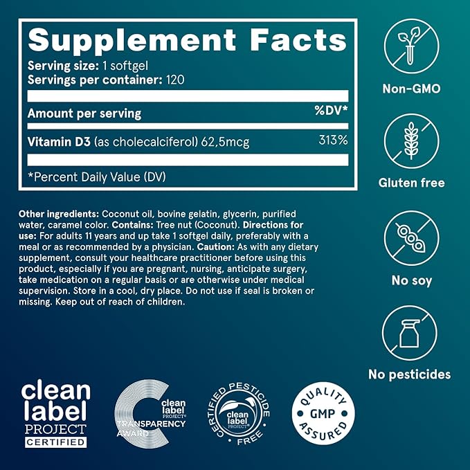 Puori Vitamin D3 Softgels, 2500 IU (62.5 mcg) - Fast Absorbing Vitamin D3 Supplements for Immune System Support, Bone Health & Density and Healthy Muscle Functions - Non-GMO & Gluten-Free - 120 Count