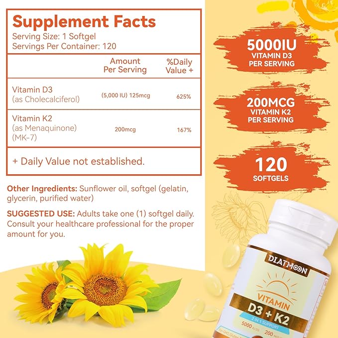 Vitamin D3 K2 Supplement Softgels, Vitamin D3 5000 IU & Vitamin K2 MK7 200 mcg, Bone & Teeth Support, Easy to Swallow - 240 Counts