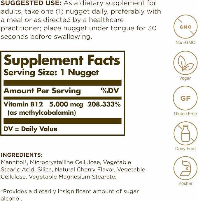 Solgar Methylcobalamin (Vitamin B12) 5000 mcg, 60 Nuggets (Pack of 3) - Cherry Flavor - Supports Energy Metabolism - Body-Ready, Active Form - Non-GMO, Vegan, Gluten Free - 180 Total Servings