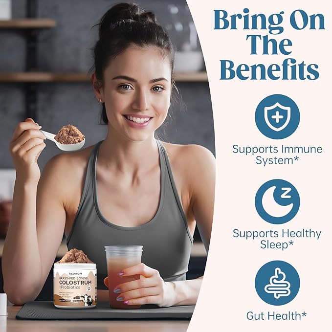 Organic Chocolate 4000mg Grass Fed Bovine Colostrum Powder + Probiotics Colostrum Supplement for Gut Health, Immune Support Healthy, 70 Servings