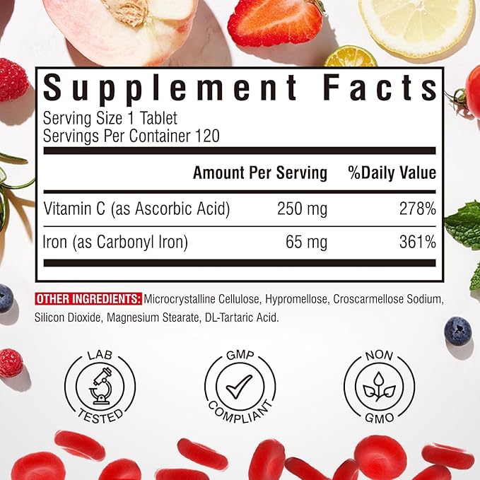 Iron Supplement, 65mg Carbonyl Iron with 250mg Vitamin C, Stomach Friendly Iron Pills for Blood Building Women & Men, High Absorption, No Nausea, No Constipation, Non-GMO, No Gluten, 120 Vegan Tabs
