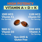 Vitamin K Complex, 2600 mcg K1 & K2 (MK-7 & MK-4), with Vitamin A & D3 5000 IU, Bioavailable, Full Spectrum, for Bone Strength and Heart Health, 90 Softgels