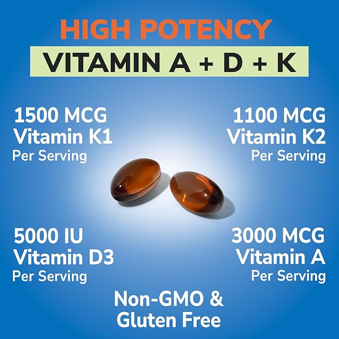 Vitamin K Complex, 2600 mcg K1 & K2 (MK-7 & MK-4), with Vitamin A & D3 5000 IU, Bioavailable, Full Spectrum, for Bone Strength and Heart Health, 90 Softgels