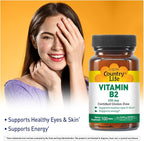 Country Life Vitamin B2 100mg Riboflavin Supplement – Boosts Energy Production & Supports Cell Function, Gluten-Free, Vegan, Kosher, Halal – no preservatives, GMO or Artificial Flavors, 100 Count