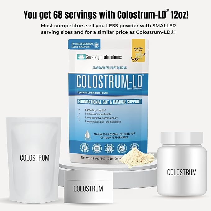 Colostrum-LD Liposomal Delivery - Colostrum Powder - Gluten-Free, Lactose-Reduced - 68 Servings - Sovereign Laboratories - 12oz Vanilla