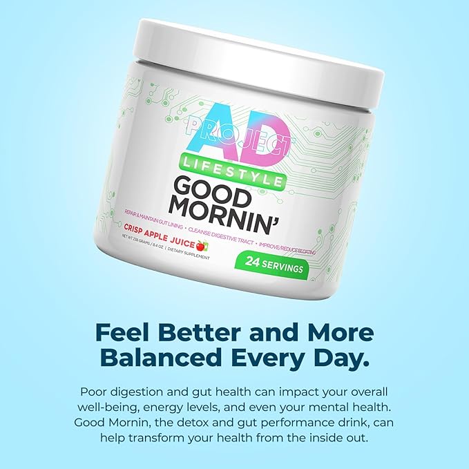Project AD Life Good Morning Detox and Performance Drink, Naturally Flavored and Formulated with L-GLutamine, Apple Cider Vinegar, and Aloe Vera (24 Servings, Crisp Apple Juice)