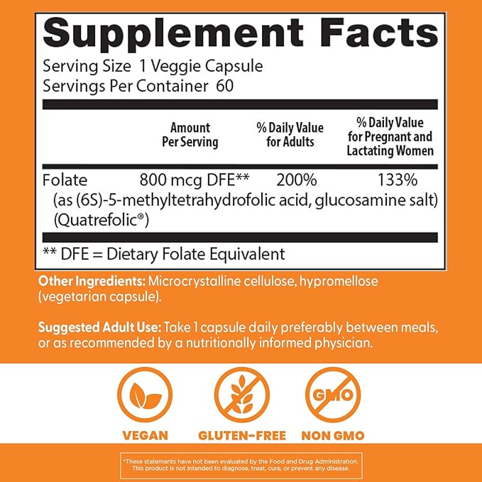 Doctor's Best Folate Supplement 800 mcg for Women & Men - Methylated Folate Capsules 800mcg (5-MTHF), Supports Healthy Fetal Brain Development, Fully Active - 60 Veg Caps