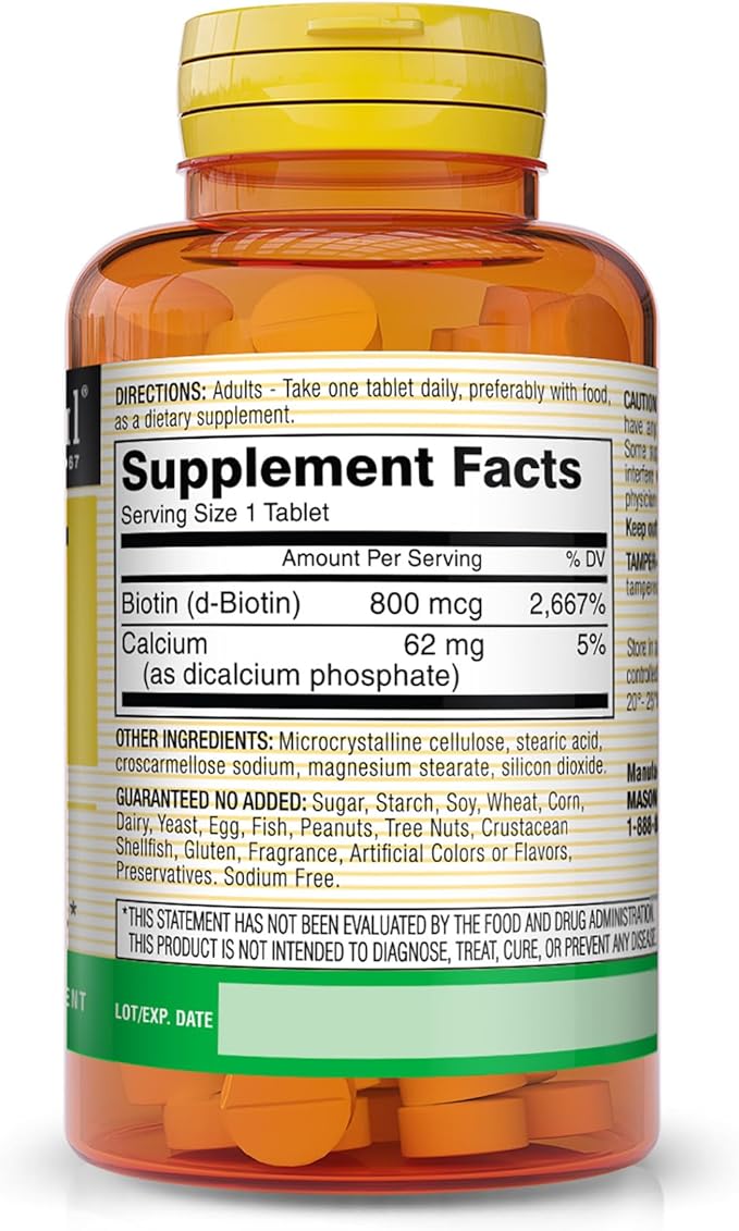 MASON NATURAL Biotin 800 mcg, Hair, Skin & Nail Health Support, High Potency Vitamin B7 Supplement, 60 Tablets (Pack of 3)