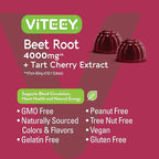 Viteey Beet Root Gummies 4000mg [from 80mg of 50:1 Extract] with Tart Cherry - for Healthy Blood Pressure Support - Vegan, Gelatin Free, Gluten Free-Tasty Chewable Berry Beet Flavored Gummy-120 Count