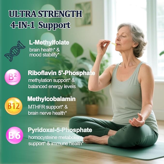 Methylfolate Supplement for Adult & Kids, L Methyl Folate 15mg Plus Methyl B12 B6 B2 Multivitamin, Metabolically Active 5-MTHF Form for Mood Homocysteine Methylation Cognition Energy Nerve Health*