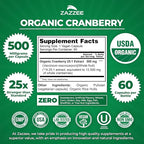 Zazzee USDA Organic Cranberry 25:1 Extract, 500 mg per Capsule, 60 Vegan Capsules, 2 Month Supply, Certified Kosher, Vaccinium Macrocarpon, Urinary Tract & Bladder Support, Non-GMO, Made in the USA