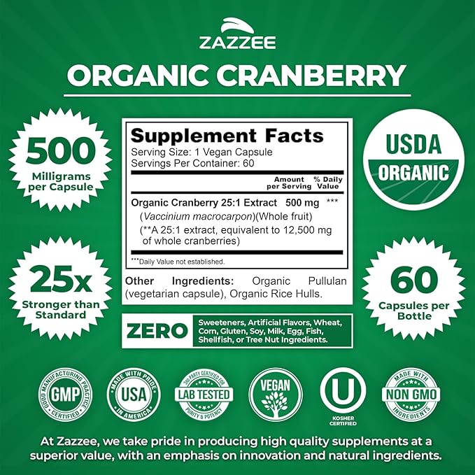 Zazzee USDA Organic Cranberry 25:1 Extract, 500 mg per Capsule, 60 Vegan Capsules, 2 Month Supply, Certified Kosher, Vaccinium Macrocarpon, Urinary Tract & Bladder Support, Non-GMO, Made in the USA