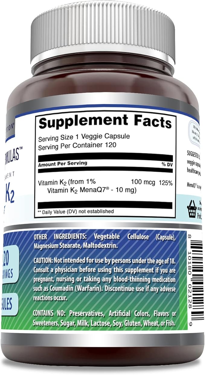 Amazing Formulas Vitamin K2 Menaq7 MK7 Supplement | 100 Mcg | Veggie Capsules | Non-GMO | Gluten Free | Made in USA (1 Pack, 120 Count)