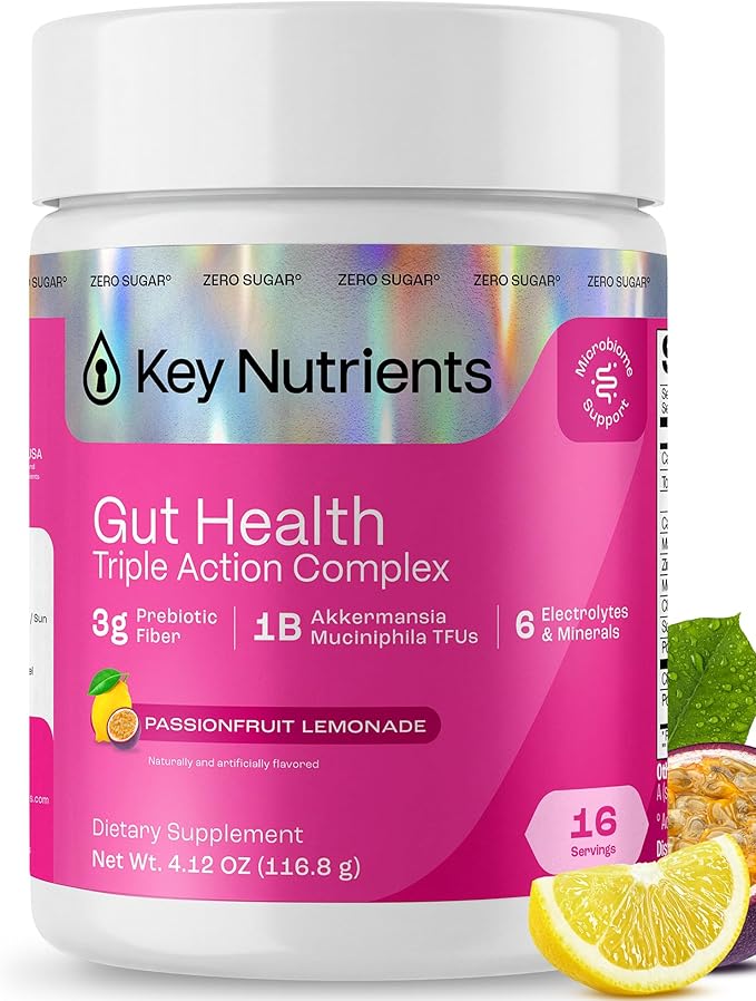 KEY NUTRIENTS Gut Health Hydration – Passionfruit Lemonade, Fiber Supplement with Prebiotic Fiber & Akkermansia Probiotics for Women and Men, Sugar Free Electrolytes Powder for Gut Health, 16 Servings