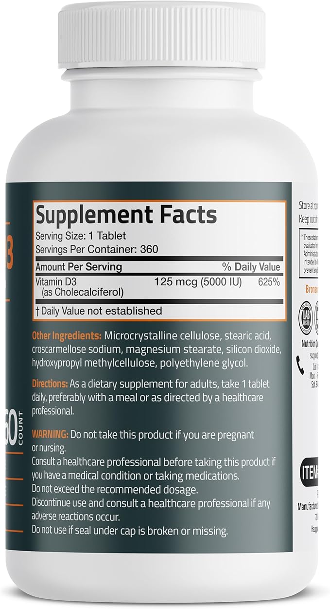 Bronson Vitamin D3 5000iu (125mcg) Healthy Muscle Function and Immune Support, Non-GMO, 360 Tablets