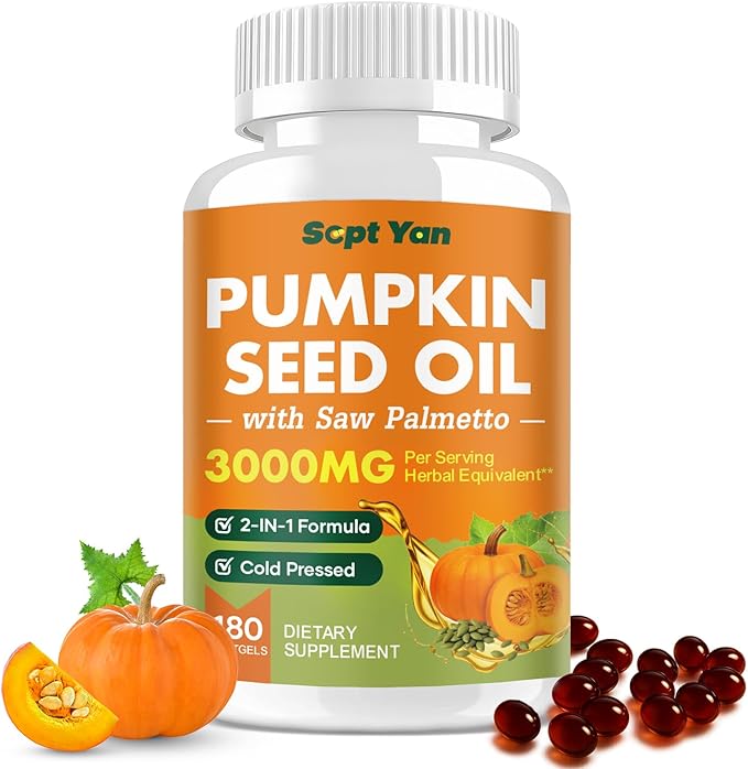 Pumpkin Seed Oil with Saw Palmetto Capsules, 3000mg Per Serving, Pumpkin Seeds Oil Supplement, Supports Immune, Hair, Urinary, Bladder & Prostate Health, Non-GMO, 180 Softgels