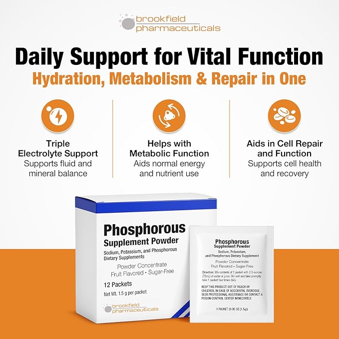 Phosphorus Supplements 12 Packets, Dietary Supplements Powder with Sodium Phosphate and Potassium Phosphate, Fruit Flavored Phosphorous Supplement Powder for Electrolyte, Bone Health & Kidney Health