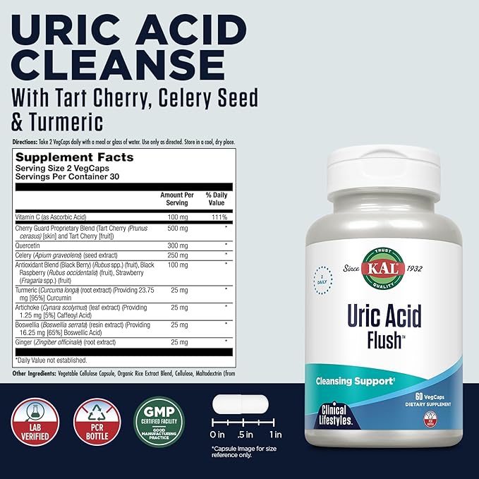 KAL Uric Acid Flush, Joint Health Supplement with Tart Cherry Extract, Celery Seed and Turmeric Extract, Joint Comfort and Mobility Support, Lab Verified, 60-Day Guarantee, 30 Servings, 60 VegCaps