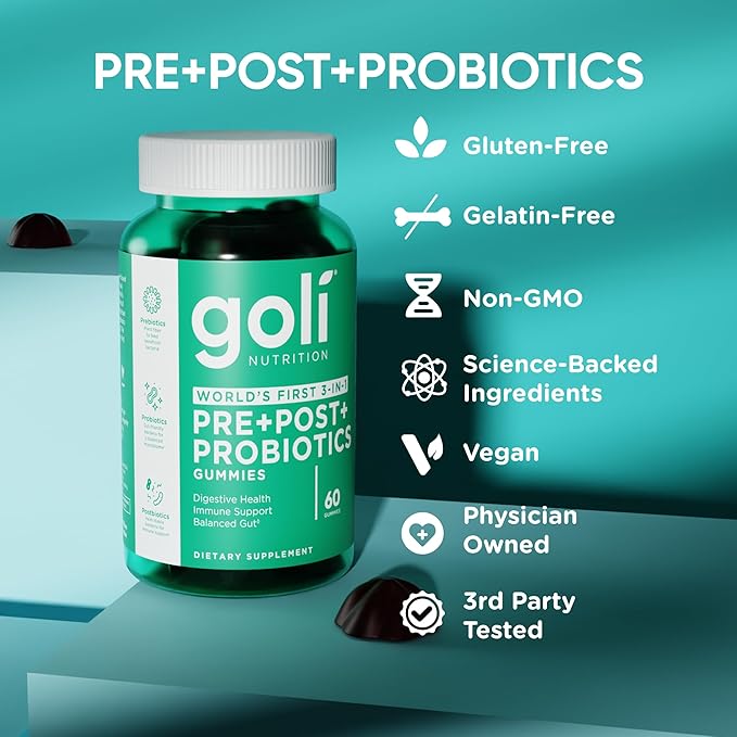 Goli Nutritional Supplement, Pre+Post+Probiotics Gummy - 180 Count - World's First 3-in-1 Gluten-Free, Vegan, Non-GMO, and Gelatin-Free.