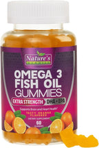 Omega 3 Fish Oil Gummies, Heart Healthy Omega 3 Gummy Supplement with High Absorption DHA & EPA, Extra Strength Joint & Brain Support, Delicious Orange Flavor Fish Oil Nature's Vitamin - 60 Gummies